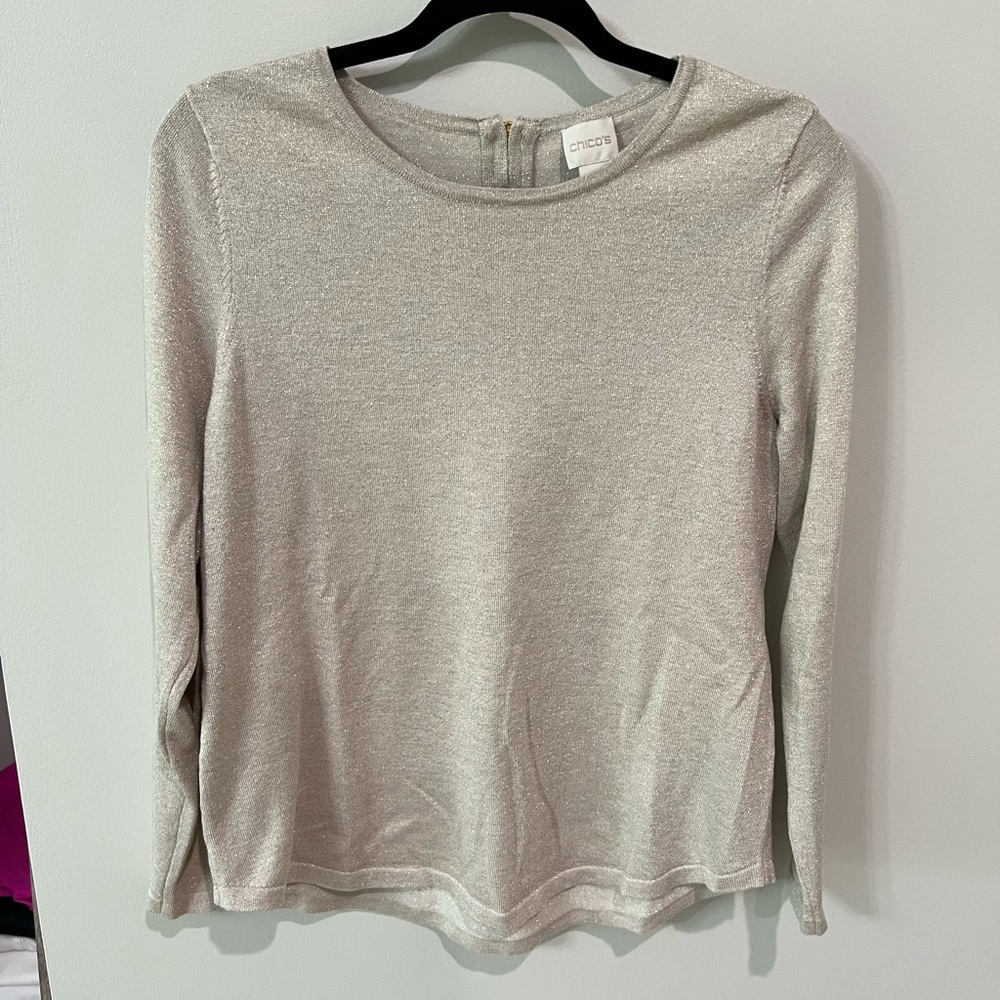 Chico's Metallic Shimmer Knit Sweater Back Zip Cream Gold Size 2 Large